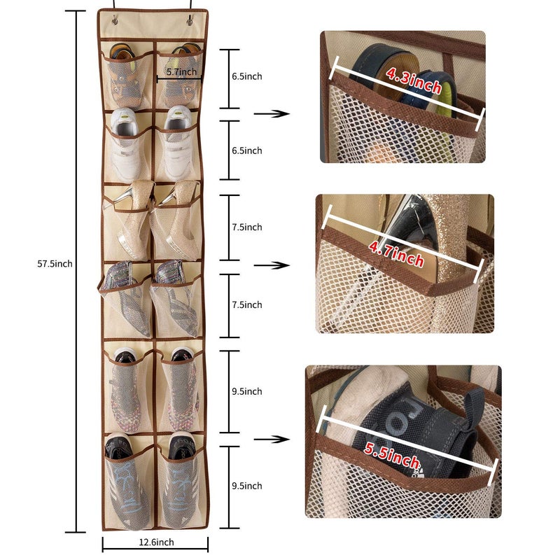 KEEPJOY Over The Door Shoe Organizer,Hanging Shoe Organizer 12 Mesh Pockets Shoe Organizer for Closet,Works Well for Men and Woman Kids Shoes Storage, 57.5Ã—12.6inch(Beige) - Image 3